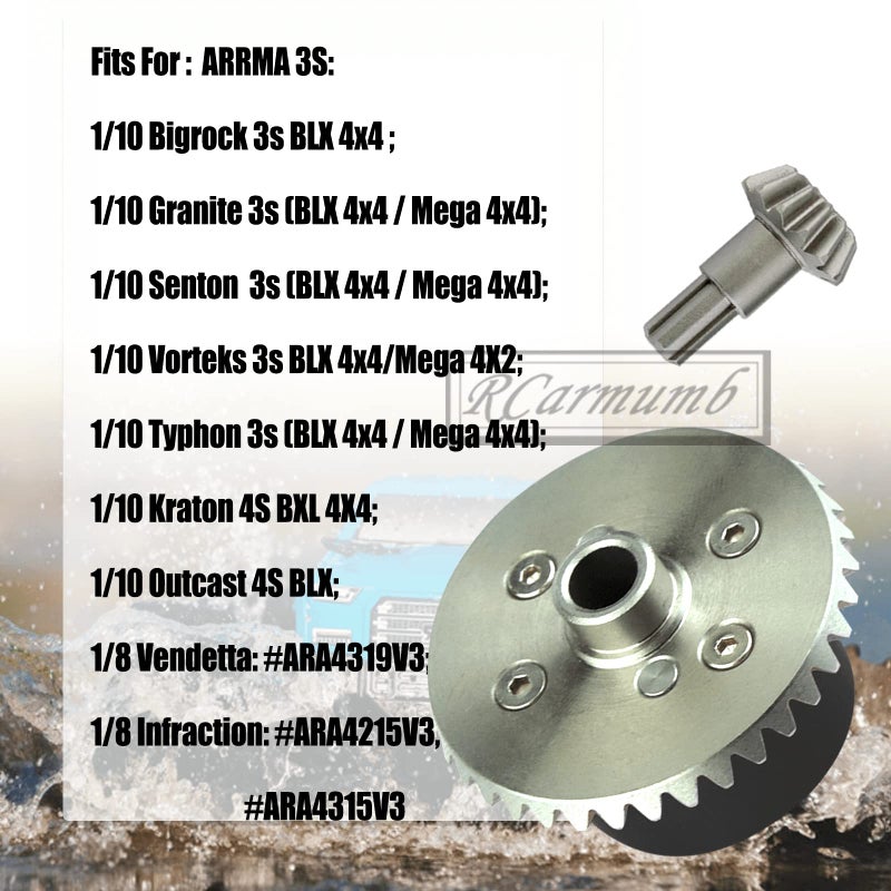 Rcarmumb Upgrades Part for 1/10 Arrma Granite/Senton/Vorteks/Big Rock 3S BLX,1/10 Outcast/Kraton 4S BLX 4X4,1/8 Vendetta/Typhon 3s blx,Steel 37T Main Gear & Differential Case & Input Gear 13T,Black - Image 2